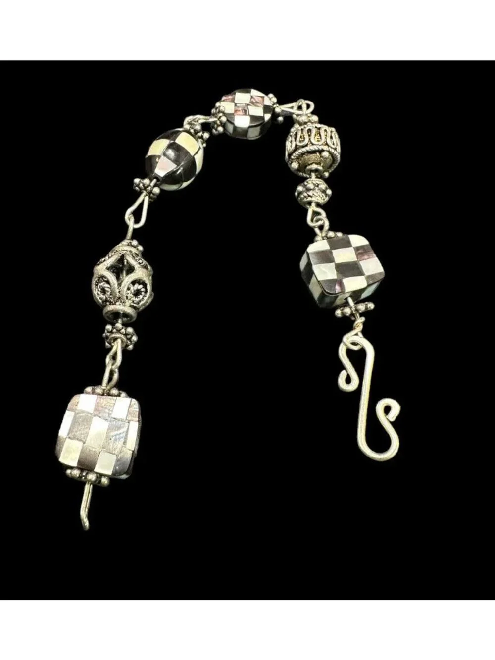 Bracelet Vintage Sterling Silver Geometric Multi Gemstone Inlay Panel Link